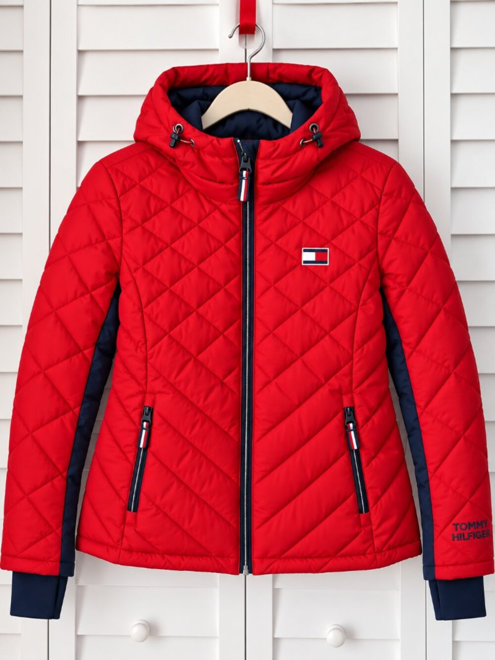 Tommy Hilfiger Red Quilted Hooded Puffer Jacket Women's L Thumbholes